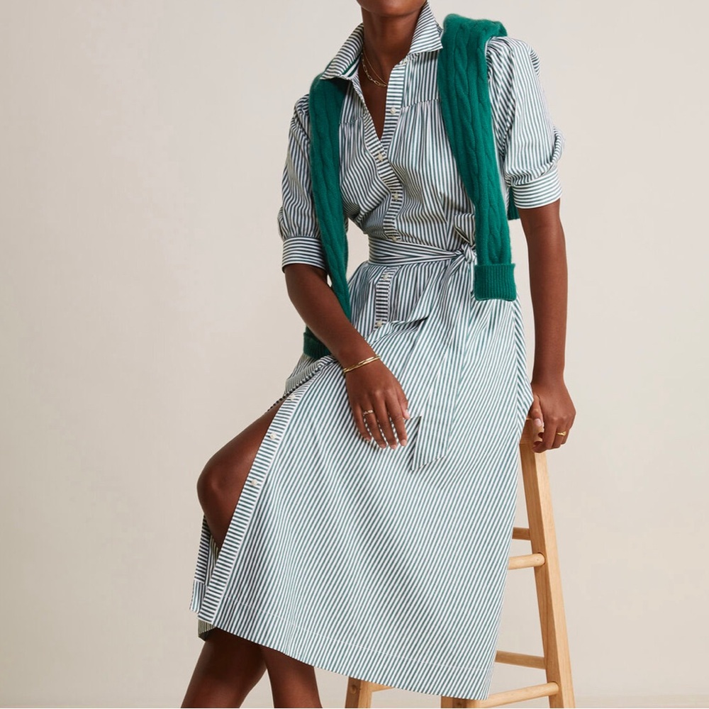 NWT👗 Puff Sleeve Midi Shirtdress👗Green & White Vertical Stripes - Picture 4 of 7